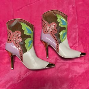 Jeffrey Campbell Nevertheless Western Heel Boots Leather Mesh 5.5 Cowboy